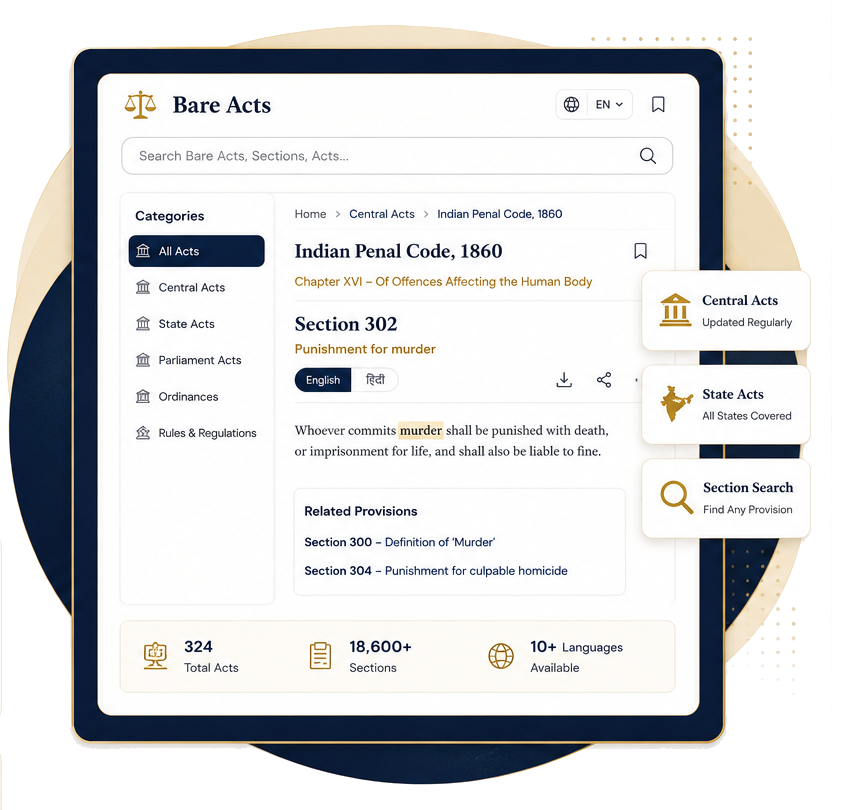 SmartVakheel.AI Bare Acts workspace showing Indian Penal Code section search, categories, and multilingual reading
